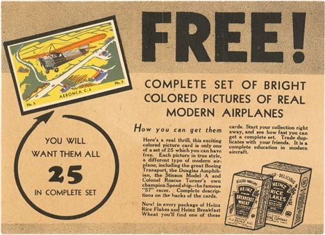 1934-35 F277-2 Heinz "Famous Airplanes" Ad Sheet and Col. Roscoe Turner Premiums (9 Pieces)
